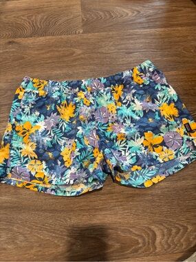 Patagonia Barely Baggies Shorts Tropical Floral Blue Yellow Swim Womens Large